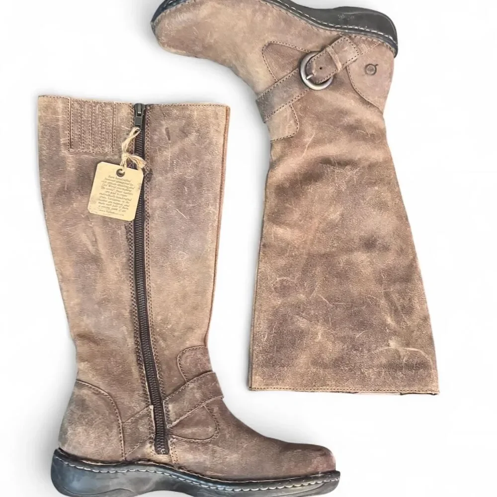 Born Knee High Boots Women’s 7 Brown Distressed Leather Buckle Tall Boots